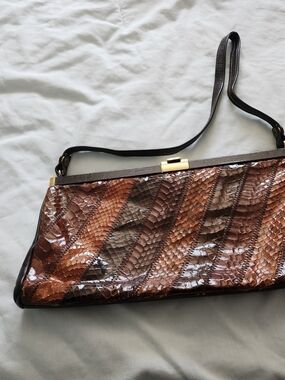 Snake-Embossed Diagonal Panel Shoulder Bag in Brown Multi